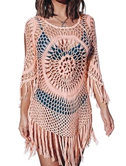 Women's Cover Up White Crochet Hollow Out Tassel Swimsuit Three Quarter Sleeve