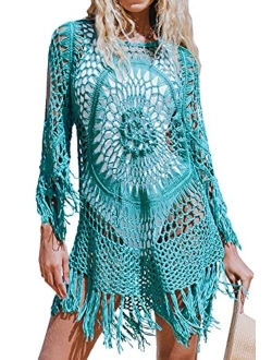 Women's Cover Up White Crochet Hollow Out Tassel Swimsuit Three Quarter Sleeve