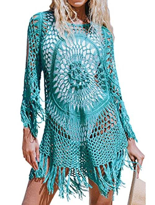 CUPSHE Women's Cover Up White Crochet Hollow Out Tassel Swimsuit Three Quarter Sleeve