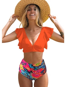 SPORLIKE Women Ruffle High Waist Swimsuit Two Pieces Push Up Tropical Print Bikini