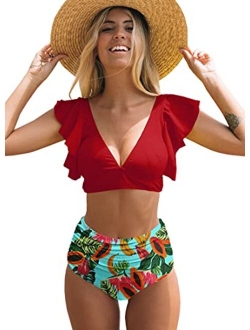 SPORLIKE Women Ruffle High Waist Swimsuit Two Pieces Push Up Tropical Print Bikini