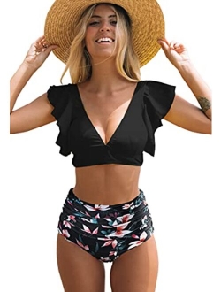 SPORLIKE Women Ruffle High Waist Swimsuit Two Pieces Push Up Tropical Print Bikini