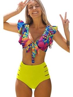 SPORLIKE Women Ruffle High Waist Swimsuit Two Pieces Push Up Tropical Print Bikini