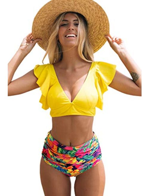 SPORLIKE Women Ruffle High Waist Swimsuit Two Pieces Push Up Tropical Print Bikini