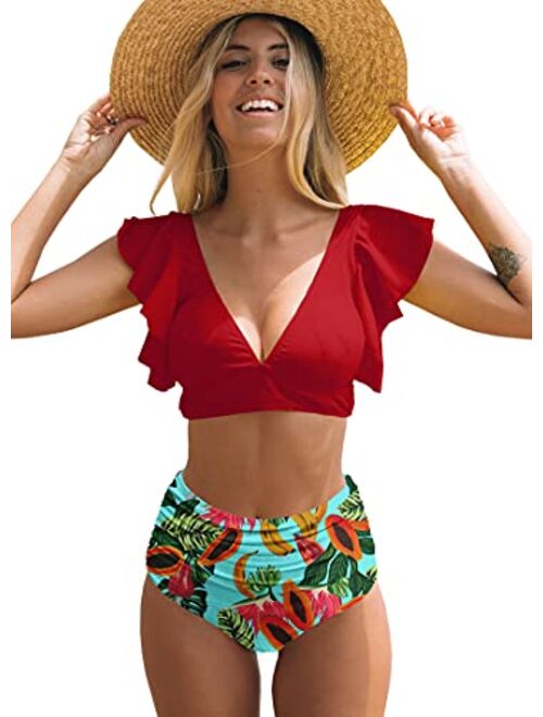 SPORLIKE Women Ruffle High Waist Swimsuit Two Pieces Push Up Tropical Print Bikini