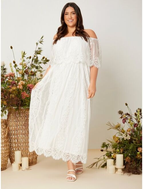 SHEIN Plus Off Shoulder Eyelash Lace Wedding Dress