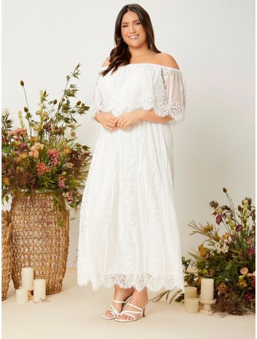 SHEIN Plus Off Shoulder Eyelash Lace Wedding Dress