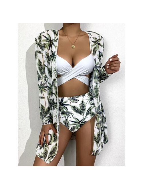 3 Pcs Summer Floral Print Bikini Bohemia Swimwear Set High Waist Push-Up Bathing Suit Beachwear Women Brazilian Swimsuit Biquini