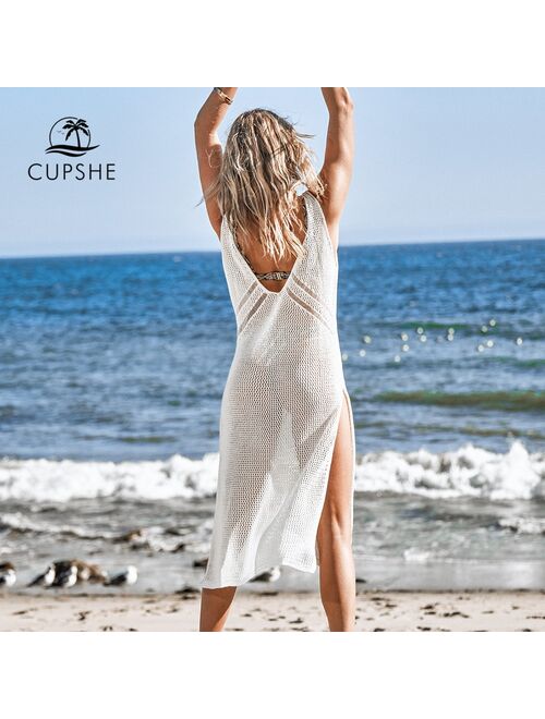 CUPSHE Ivory V-neck Hollow out Cover Up Woman Swimsuit Sexy Side Split Sleeveless Beach Midi Dress 2021 Summer Dress Beachwear