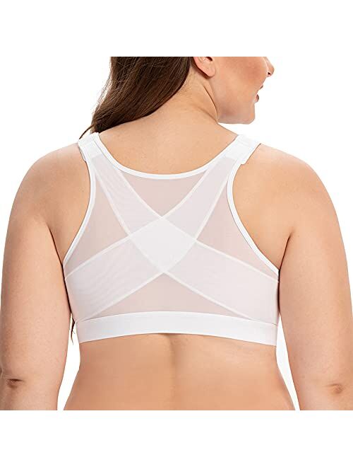 CASOLACE Women's Front Closure Full Coverage Back Support Wireless Posture Corrector Bra