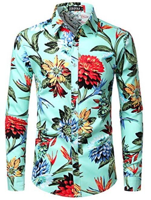 ZEROYAA Men's Floral Slim Fit Long Sleeve Cotton Casual Button Down Dress Shirt