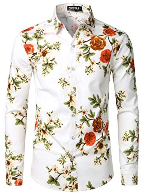 ZEROYAA Men's Floral Slim Fit Long Sleeve Cotton Casual Button Down Dress Shirt