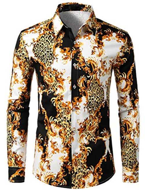 ZEROYAA Men's Floral Slim Fit Long Sleeve Cotton Casual Button Down Dress Shirt