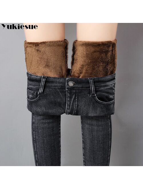 streetwear Women's pencil pants skinny jeans women jean femme mom denim jeans woman high waist 2021 winter thick warm trousers