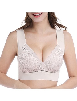 Seamless Mesh Lace Bras for Women Wirefree Comfortable Padded Lift Push Up Thin Soft Back Smoothing Bra