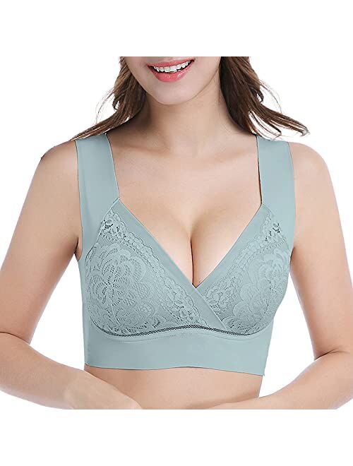 Seamless Mesh Lace Bras for Women Wirefree Comfortable Padded Lift Push Up Thin Soft Back Smoothing Bra