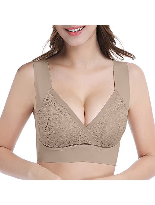 Seamless Mesh Lace Bras for Women Wirefree Comfortable Padded Lift Push Up Thin Soft Back Smoothing Bra