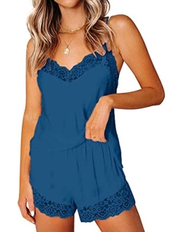 CHYRII Women's Sexy Silk Satin Pajamas Sets Lace Trim Cami Tops Shorts Sleepwear