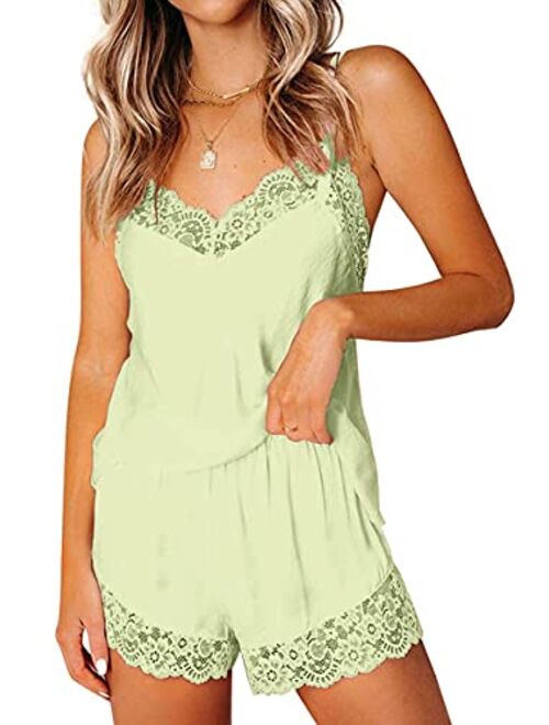 CHYRII Women's Sexy Silk Satin Pajamas Sets Lace Trim Cami Tops Shorts Sleepwear