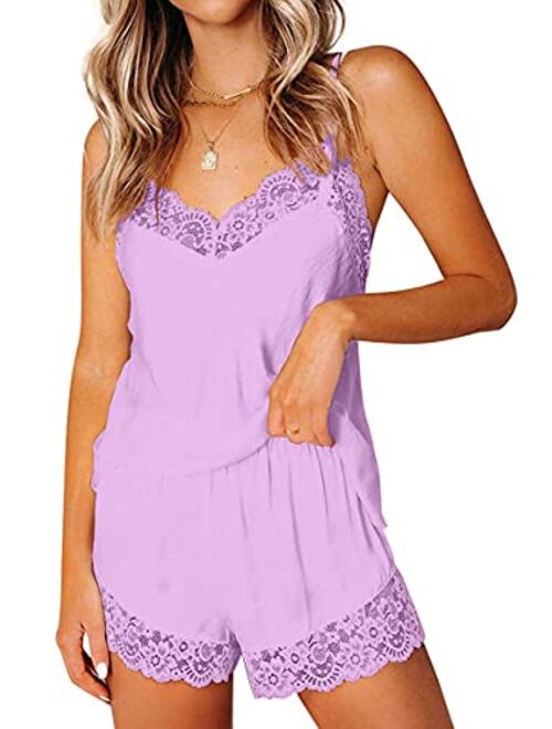 CHYRII Women's Sexy Silk Satin Pajamas Sets Lace Trim Cami Tops Shorts Sleepwear