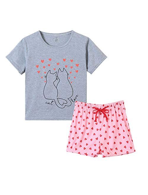 VENTELAN Pajama Set for Women Cute PJS Summer Short Sleeve Shorts Sleepwear