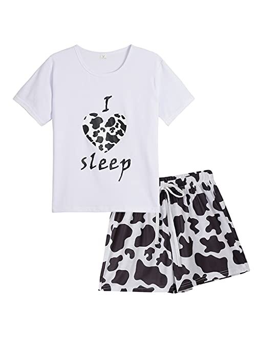 VENTELAN Pajama Set for Women Cute PJS Summer Short Sleeve Shorts Sleepwear