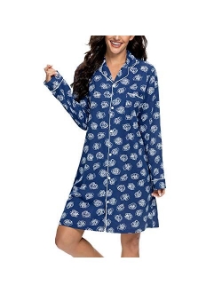 Tugege Nightgowns for Women Sleepwear V-Neck Button Down Night Shirt Long Sleeve Printed Pajamas Sleepshirts