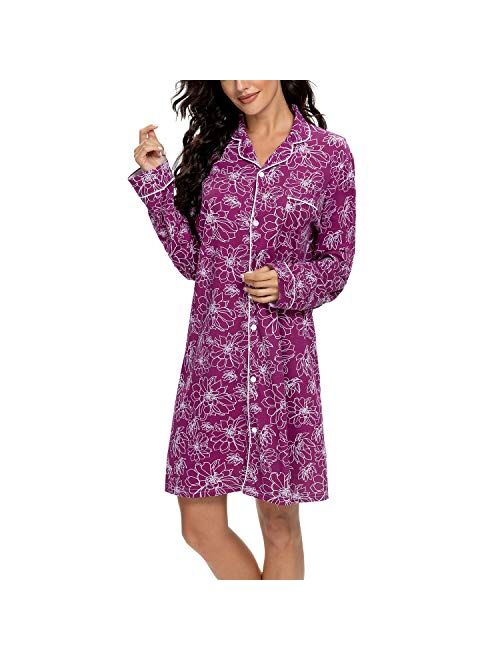 Tugege Nightgowns for Women Sleepwear V-Neck Button Down Night Shirt Long Sleeve Printed Pajamas Sleepshirts