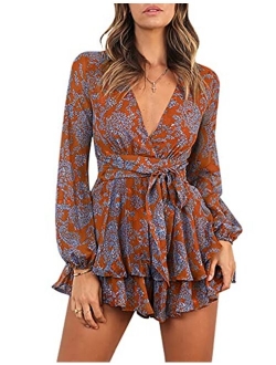 Bonkwa Women's Deep V-Neck Floral Print Romper Long Baggy Sleeves Double Layer Ruffle Hem Short Rompers with Belt