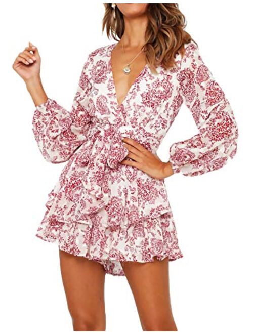 Bonkwa Women's Deep V-Neck Floral Print Romper Long Baggy Sleeves Double Layer Ruffle Hem Short Rompers with Belt