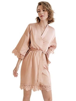 SIORO Women's Satin Robe Lace Silk Kimono Robes Short for Bridesmaid Wedding Party Nightgown, Small~X-Large