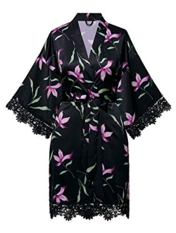 SIORO Women's Satin Robe Lace Silk Kimono Robes Short for Bridesmaid Wedding Party Nightgown, Small~X-Large