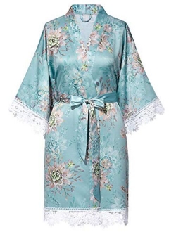 SIORO Women's Satin Robe Lace Silk Kimono Robes Short for Bridesmaid Wedding Party Nightgown, Small~X-Large