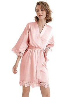 SIORO Women's Satin Robe Lace Silk Kimono Robes Short for Bridesmaid Wedding Party Nightgown, Small~X-Large