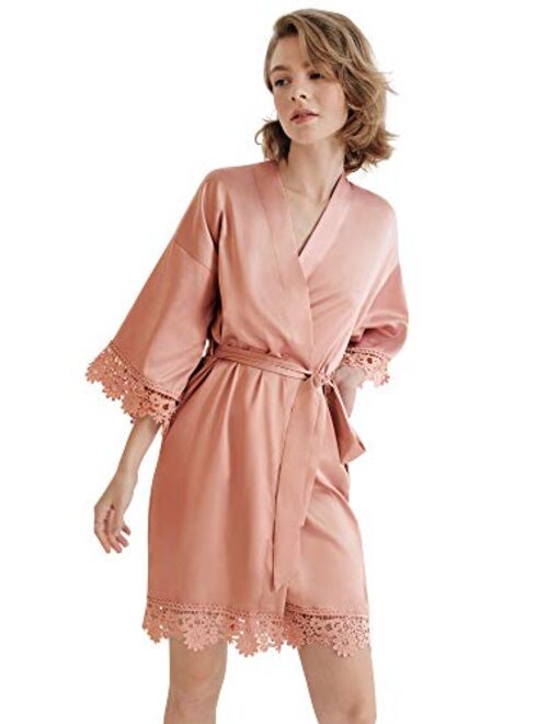 SIORO Women's Satin Robe Lace Silk Kimono Robes Short for Bridesmaid Wedding Party Nightgown, Small~X-Large