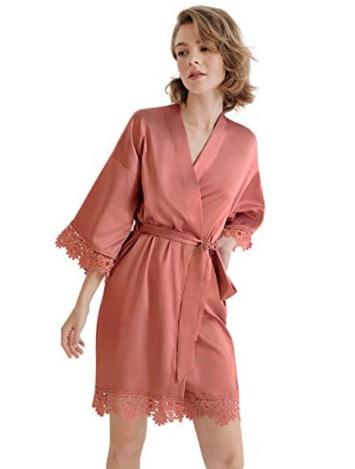 SIORO Women's Satin Robe Lace Silk Kimono Robes Short for Bridesmaid Wedding Party Nightgown, Small~X-Large