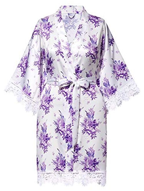 SIORO Women's Satin Robe Lace Silk Kimono Robes Short for Bridesmaid Wedding Party Nightgown, Small~X-Large