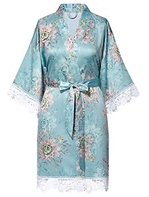 SIORO Women's Satin Robe Lace Silk Kimono Robes Short for Bridesmaid Wedding Party Nightgown, Small~X-Large