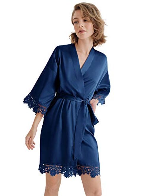 SIORO Women's Satin Robe Lace Silk Kimono Robes Short for Bridesmaid Wedding Party Nightgown, Small~X-Large