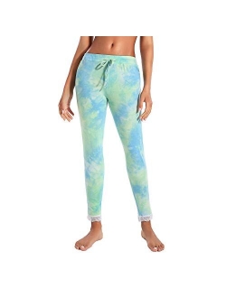 PinCool Tie Dye Pajama Pants for Women Ultra-Soft Sleepwear Elastic Waistband Lightweight Lounge Bottoms with Lace Hem