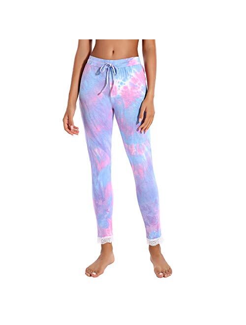 PinCool Tie Dye Pajama Pants for Women Ultra-Soft Sleepwear Elastic Waistband Lightweight Lounge Bottoms with Lace Hem