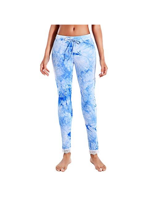 PinCool Tie Dye Pajama Pants for Women Ultra-Soft Sleepwear Elastic Waistband Lightweight Lounge Bottoms with Lace Hem