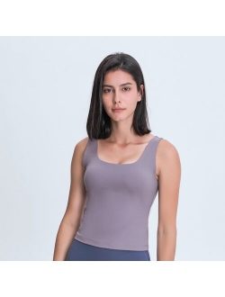 Nepoagym BLUESY Women Waist Length Workout Tank Top with Built In Bra Brushed U Neck Long Yoga Top Sports Sleeveless Gym Shirt