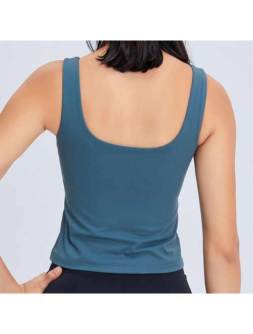 Nepoagym BLUESY Women Waist Length Workout Tank Top with Built In Bra Brushed U Neck Long Yoga Top Sports Sleeveless Gym Shirt