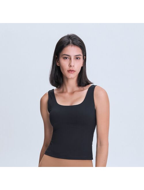 Nepoagym BLUESY Women Waist Length Workout Tank Top with Built In Bra Brushed U Neck Long Yoga Top Sports Sleeveless Gym Shirt