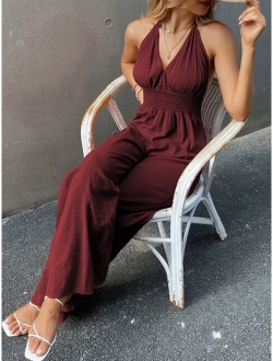 Tied Backless Shirred Jumpsuit