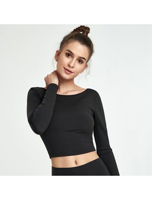 Sexy Yoga Top with Built In Bra Quick Dry Crop Top Workout Shirts White Long Sleeve Sports Top Mesh splice Fitness Shirt