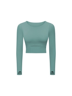 SHINBENE CUTOUT Padded Yoga Long Sleeve Crop Top Pullover Women O Neck Plus Size Fitness Workout Sport Jersey with Built In Bra