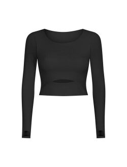 SHINBENE CUTOUT Padded Yoga Long Sleeve Crop Top Pullover Women O Neck Plus Size Fitness Workout Sport Jersey with Built In Bra