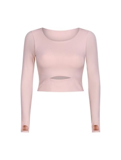 SHINBENE CUTOUT Padded Yoga Long Sleeve Crop Top Pullover Women O Neck Plus Size Fitness Workout Sport Jersey with Built In Bra